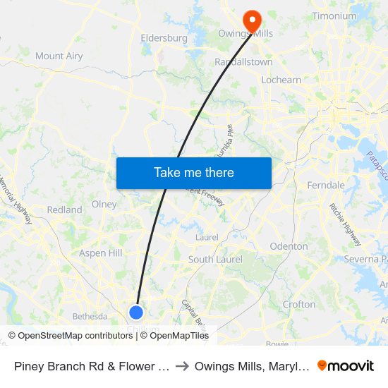 Piney Branch Rd & Flower Ave to Owings Mills, Maryland map