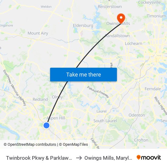 Twinbrook Pkwy & Parklawn Dr to Owings Mills, Maryland map