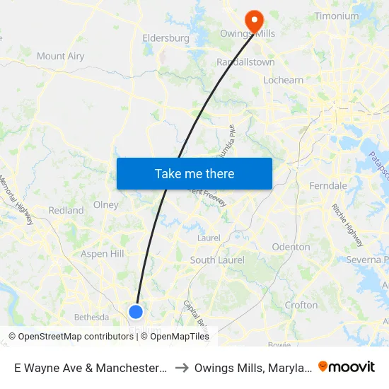 E Wayne Ave & Manchester Rd to Owings Mills, Maryland map