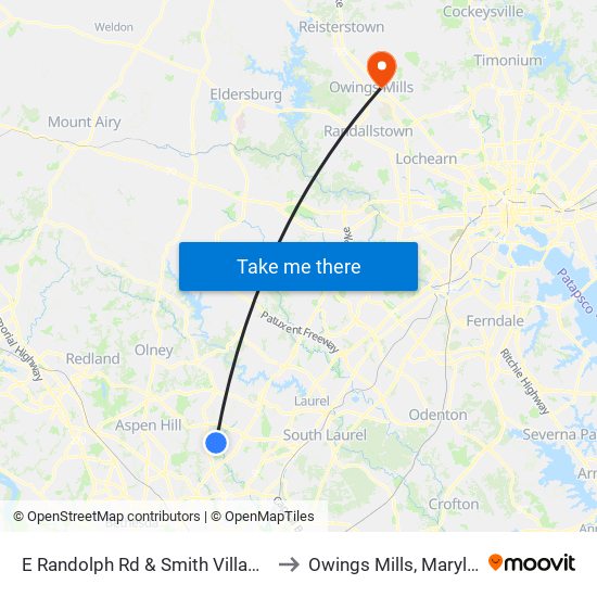 E Randolph Rd & Smith Village Rd to Owings Mills, Maryland map