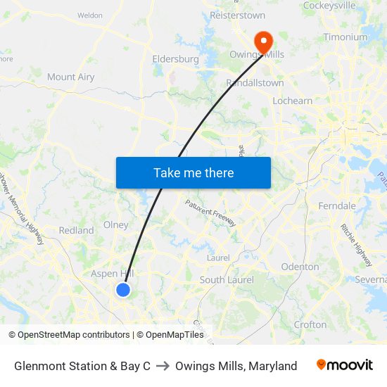 Glenmont Station & Bay C to Owings Mills, Maryland map