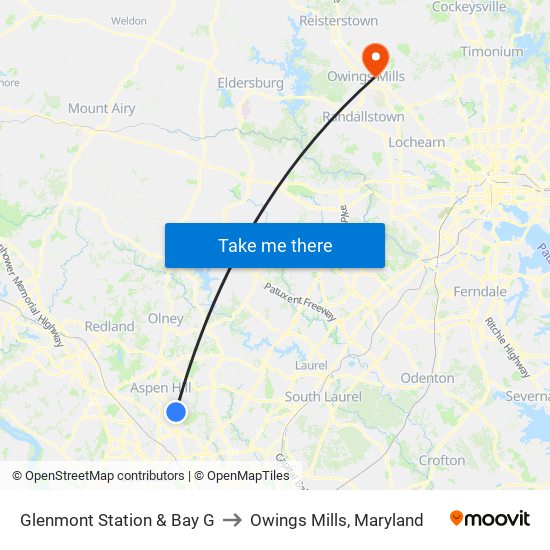 Glenmont Station & Bay G to Owings Mills, Maryland map