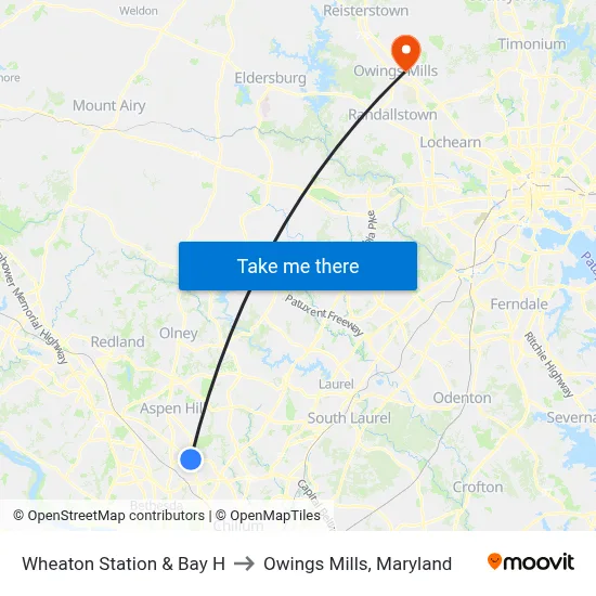 Wheaton Station & Bay H to Owings Mills, Maryland map