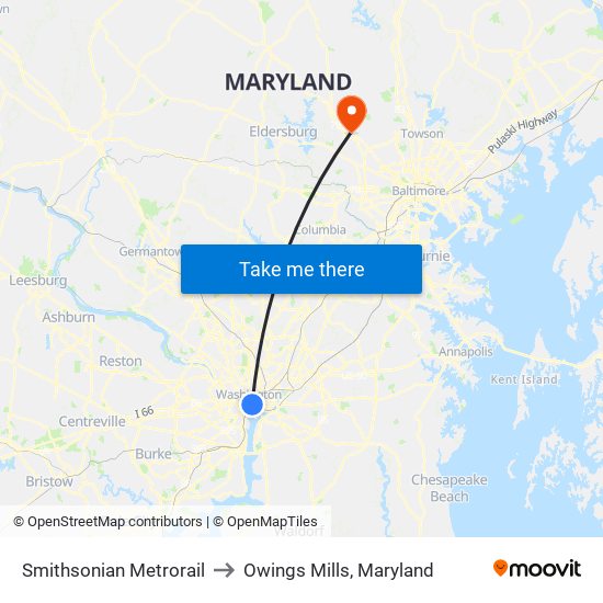 Smithsonian Metrorail to Owings Mills, Maryland map