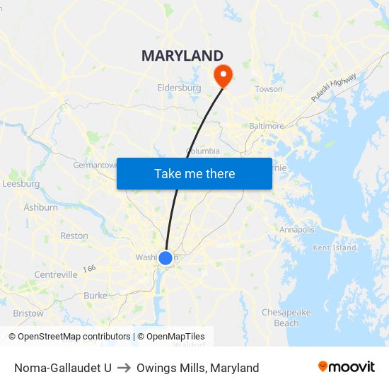 Noma-Gallaudet U to Owings Mills, Maryland map