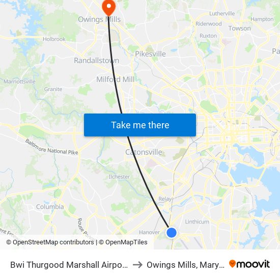 Bwi Thurgood Marshall  Airport, Md to Owings Mills, Maryland map