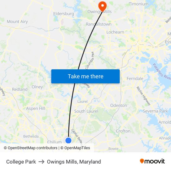 College Park to Owings Mills, Maryland map