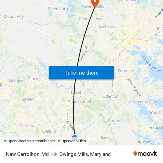 New Carrollton, Md to Owings Mills, Maryland map