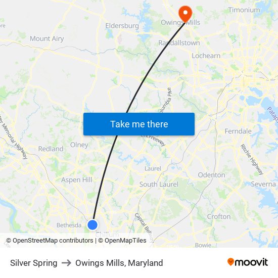 Silver Spring to Owings Mills, Maryland map