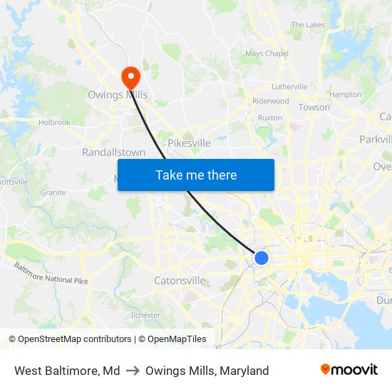 West Baltimore, Md to Owings Mills, Maryland map