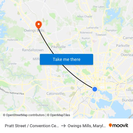 Pratt Street / Convention Center to Owings Mills, Maryland map