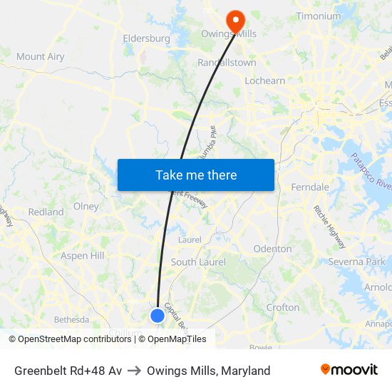 Greenbelt Rd+48 Av to Owings Mills, Maryland map