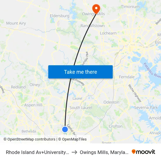Rhode Island Av+University Bl to Owings Mills, Maryland map