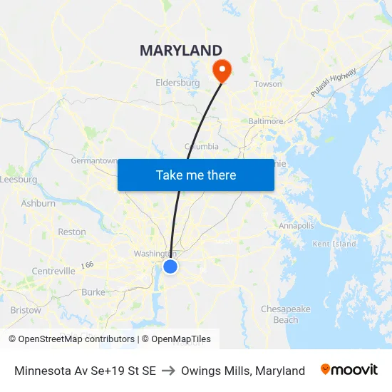 Minnesota Av Se+19 St SE to Owings Mills, Maryland map