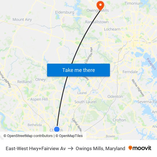 East-West Hwy+Fairview Av to Owings Mills, Maryland map