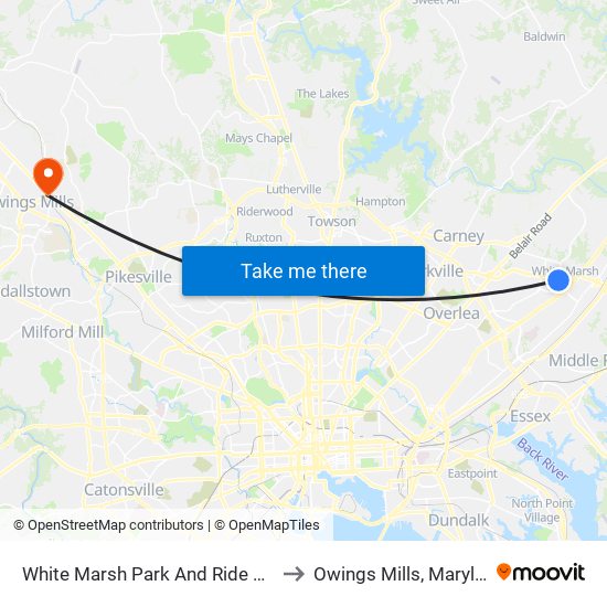 White Marsh Park And Ride Bay 1 to Owings Mills, Maryland map