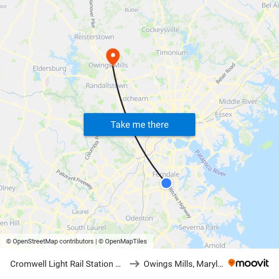 Cromwell Light Rail Station Bay 1 to Owings Mills, Maryland map