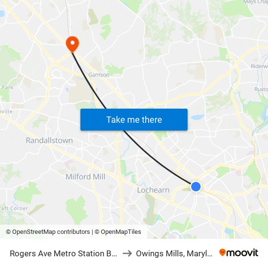 Rogers Ave Metro Station Bay 6 to Owings Mills, Maryland map