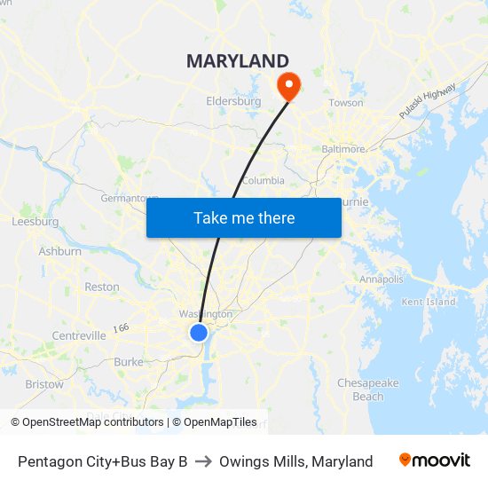 Pentagon City+Bay B to Owings Mills, Maryland map
