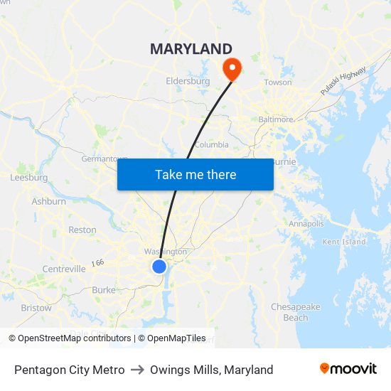 Pentagon City Metro to Owings Mills, Maryland map
