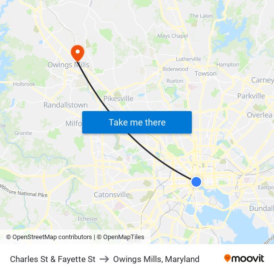 Charles St & Fayette St to Owings Mills, Maryland map