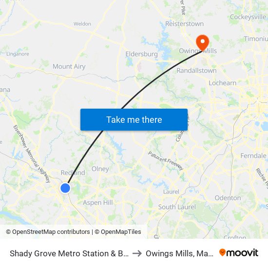 Shady Grove Metro Station & Bus Bay C to Owings Mills, Maryland map