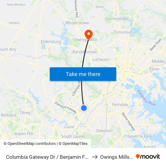Columbia Gateway Dr / Benjamin Franklin Dr to Owings Mills, Maryland map