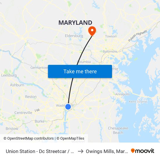 Union Station - Dc Streetcar / H Street to Owings Mills, Maryland map