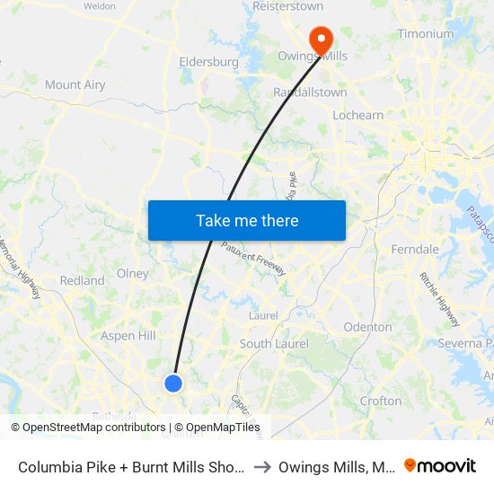 Columbia Pike + Burnt Mills Shopping Center to Owings Mills, Maryland map