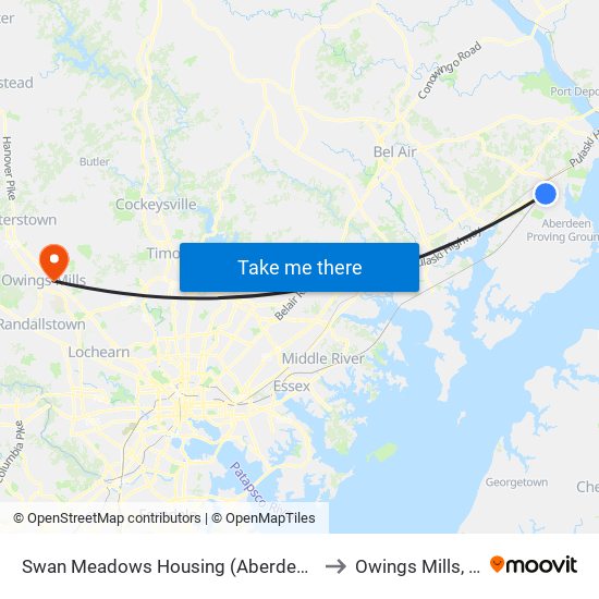 Swan Meadows Housing (Aberdeen Ave & Bypass Rd) to Owings Mills, Maryland map