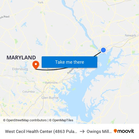 West Cecil Health Center (4863 Pulaski Hwy/Us 40 at Roundabout) to Owings Mills, Maryland map