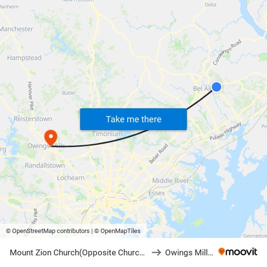 Mount Zion Church(Opposite Churchville Rd/Rt 22 & Andreas Dr) to Owings Mills, Maryland map