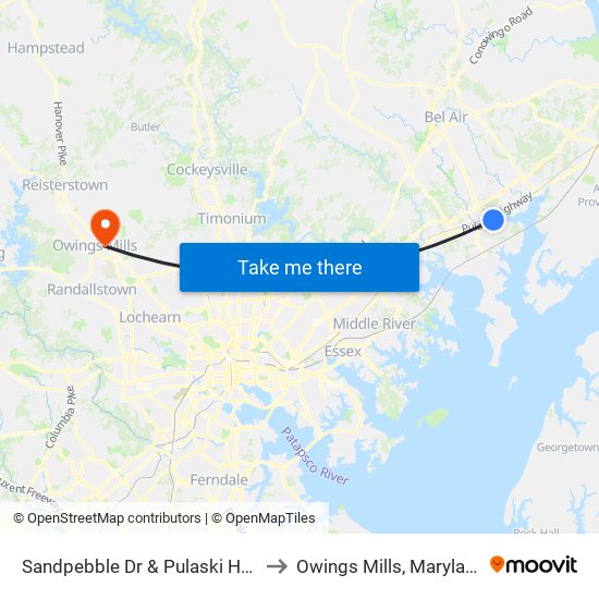 Sandpebble Dr & Pulaski Hwy to Owings Mills, Maryland map