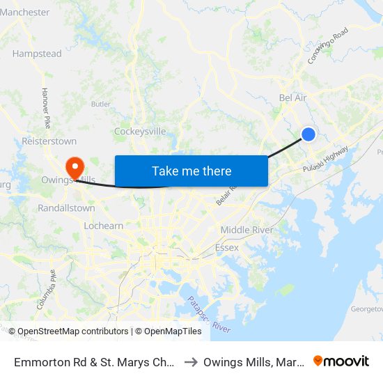 Emmorton Rd & St. Marys Church Rd to Owings Mills, Maryland map