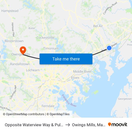 Opposite Waterview Way & Pulaski Hwy to Owings Mills, Maryland map