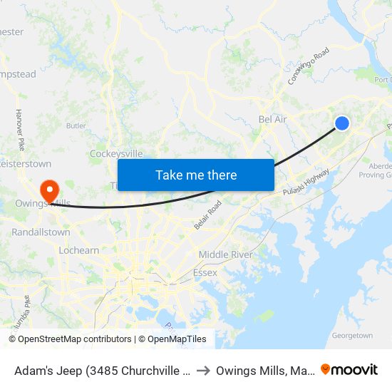 Adam's Jeep (3485 Churchville Rd/Rt 22) to Owings Mills, Maryland map