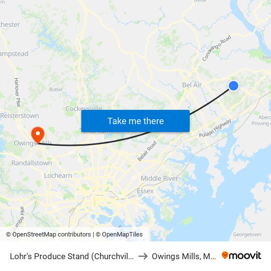 Lohr's Produce Stand (Churchville Rd/Rt 22) to Owings Mills, Maryland map