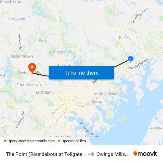 The Point (Roundabout at Tollgate Rd & Westover Ln) to Owings Mills, Maryland map