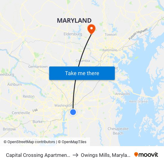 Capital Crossing Apartments to Owings Mills, Maryland map