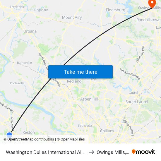 Washington Dulles International Airport Metrorail Station to Owings Mills, Maryland map