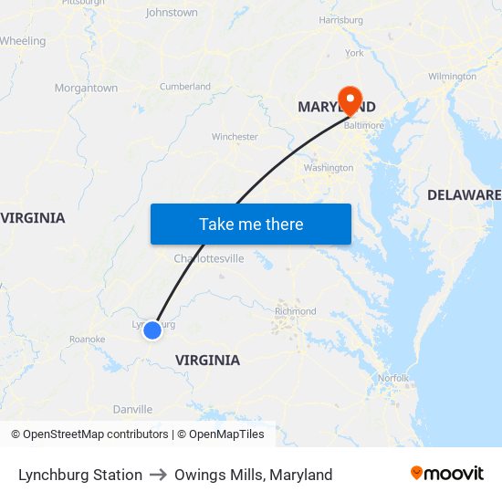 Lynchburg Station to Owings Mills, Maryland map