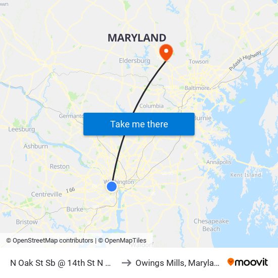 N Oak St Sb @ 14th St N MB to Owings Mills, Maryland map