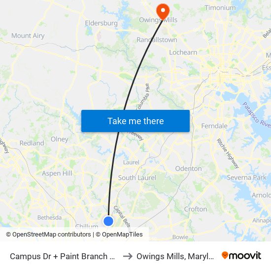 Campus Dr + Paint Branch Trail to Owings Mills, Maryland map