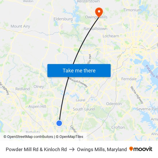 Powder Mill Rd & Kinloch Rd to Owings Mills, Maryland map