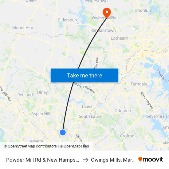Powder Mill Rd & New Hampshire Ave to Owings Mills, Maryland map
