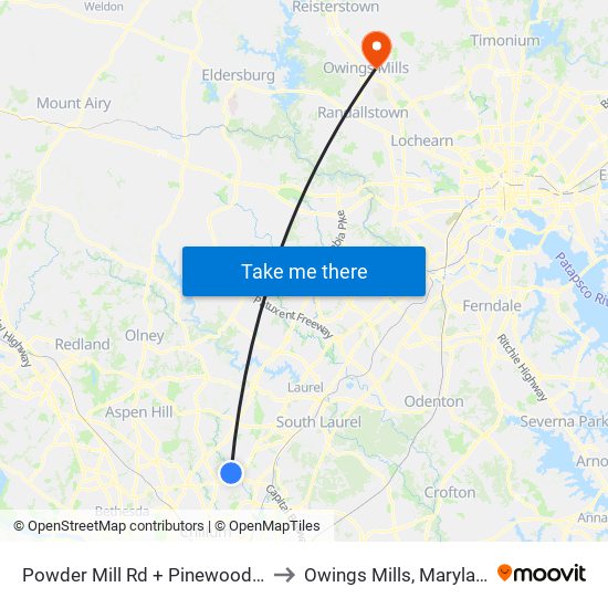 Powder Mill Rd + Pinewood Ct to Owings Mills, Maryland map