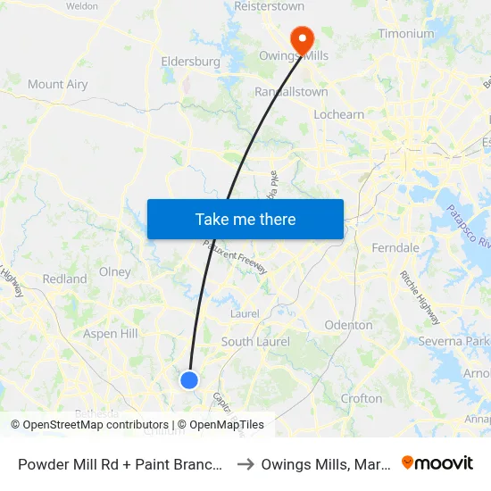 Powder Mill Rd + Paint Branch Home to Owings Mills, Maryland map