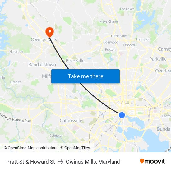 Pratt St & Howard St to Owings Mills, Maryland map