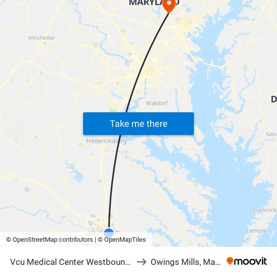 Vcu Medical Center Westbound Station to Owings Mills, Maryland map