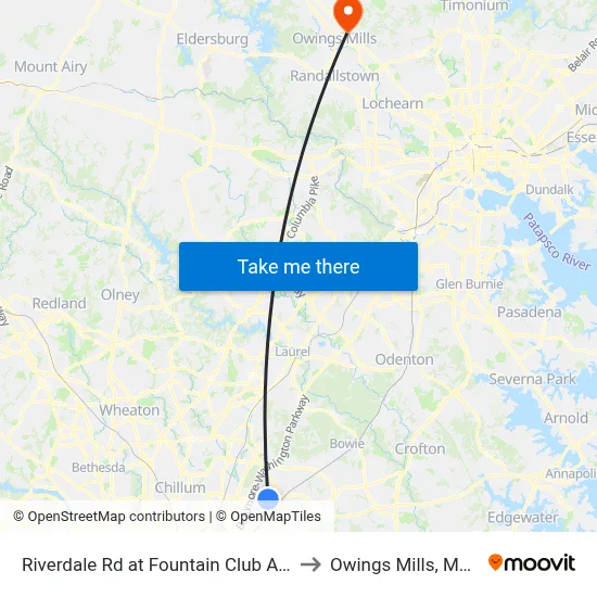 Riverdale Rd at Fountain Club Apartments to Owings Mills, Maryland map